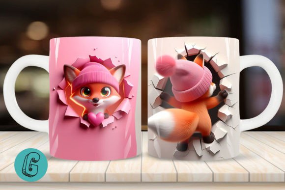 3D Fox Valentine Mug Wrap: A Creative Design Asset