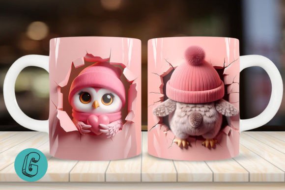 Valentine Owl 3D Mug Wrap Design: A Charming Creative Asset