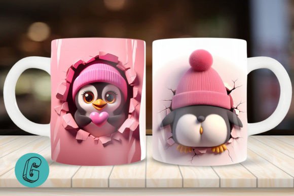 Valentine Penguin 3D Mug Wrap: A Charming Design Asset
